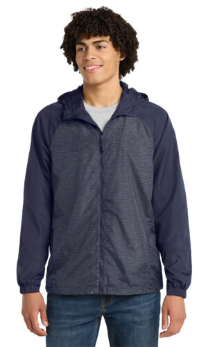 DISCONTINUED  Sport-Tek ®  Heather Colorblock Raglan Hooded Wind Jacket. JST40