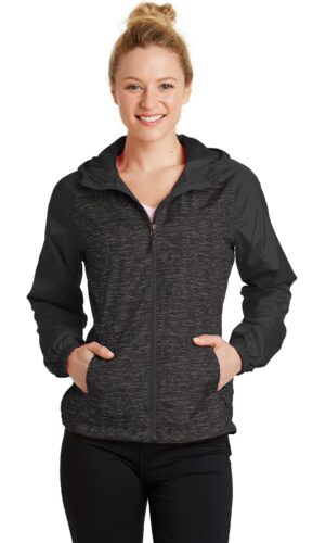 Sport-Tek ®  Ladies Heather Colorblock Raglan Hooded Wind Jacket. LST40